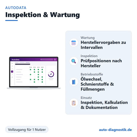 Autodata Serviceinformationen für Inspektion und Wartung mit Übersicht der wichtigsten Funktionen