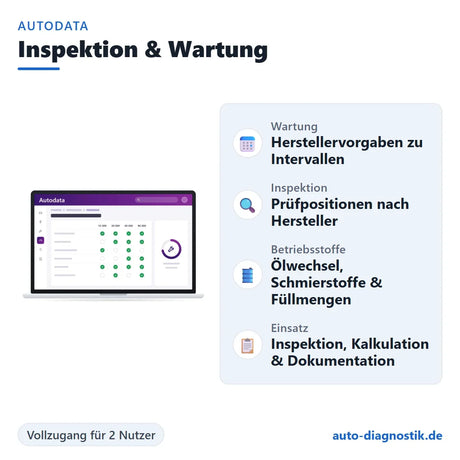 Autodata Serviceinformationen für Inspektion und Wartung mit Übersicht der wichtigsten Funktionen